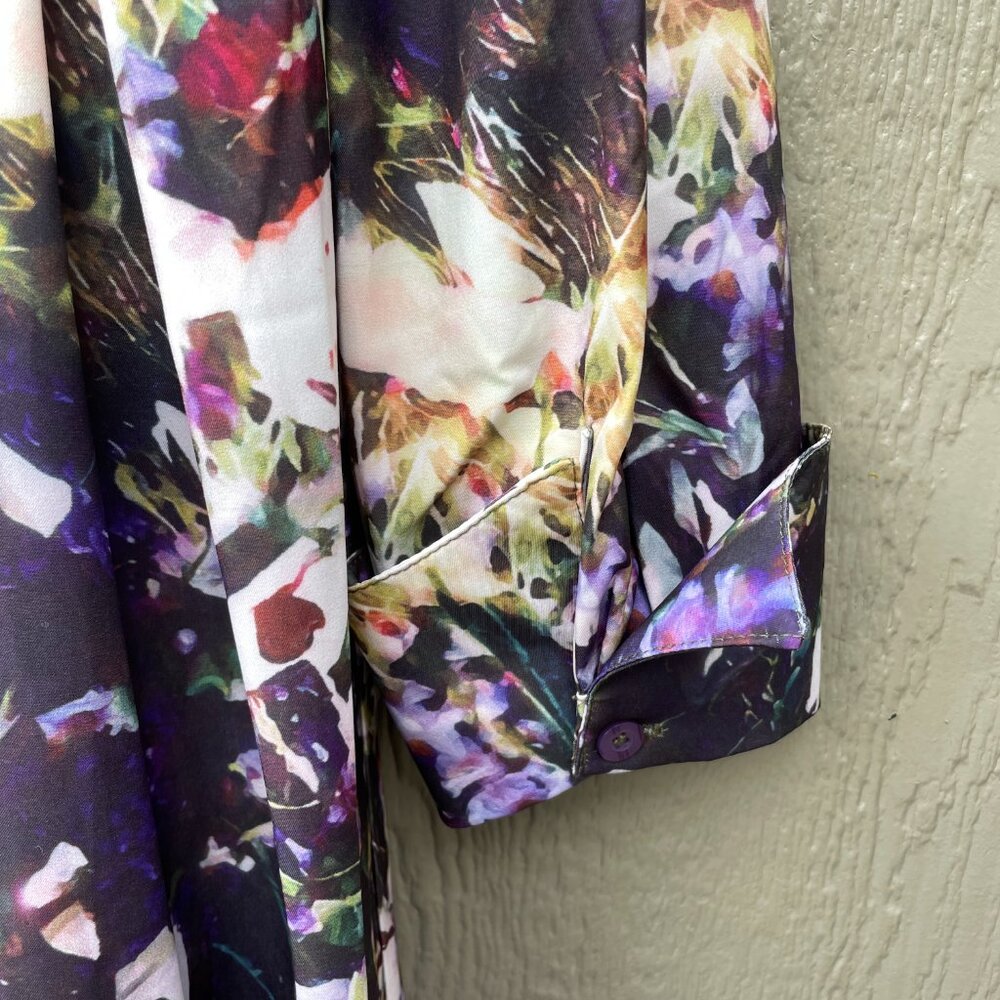 Dalia Macphee Long Sleeve Dress XL Pleated Abstract Floral Collared Button Fron - Picture 9 of 10
